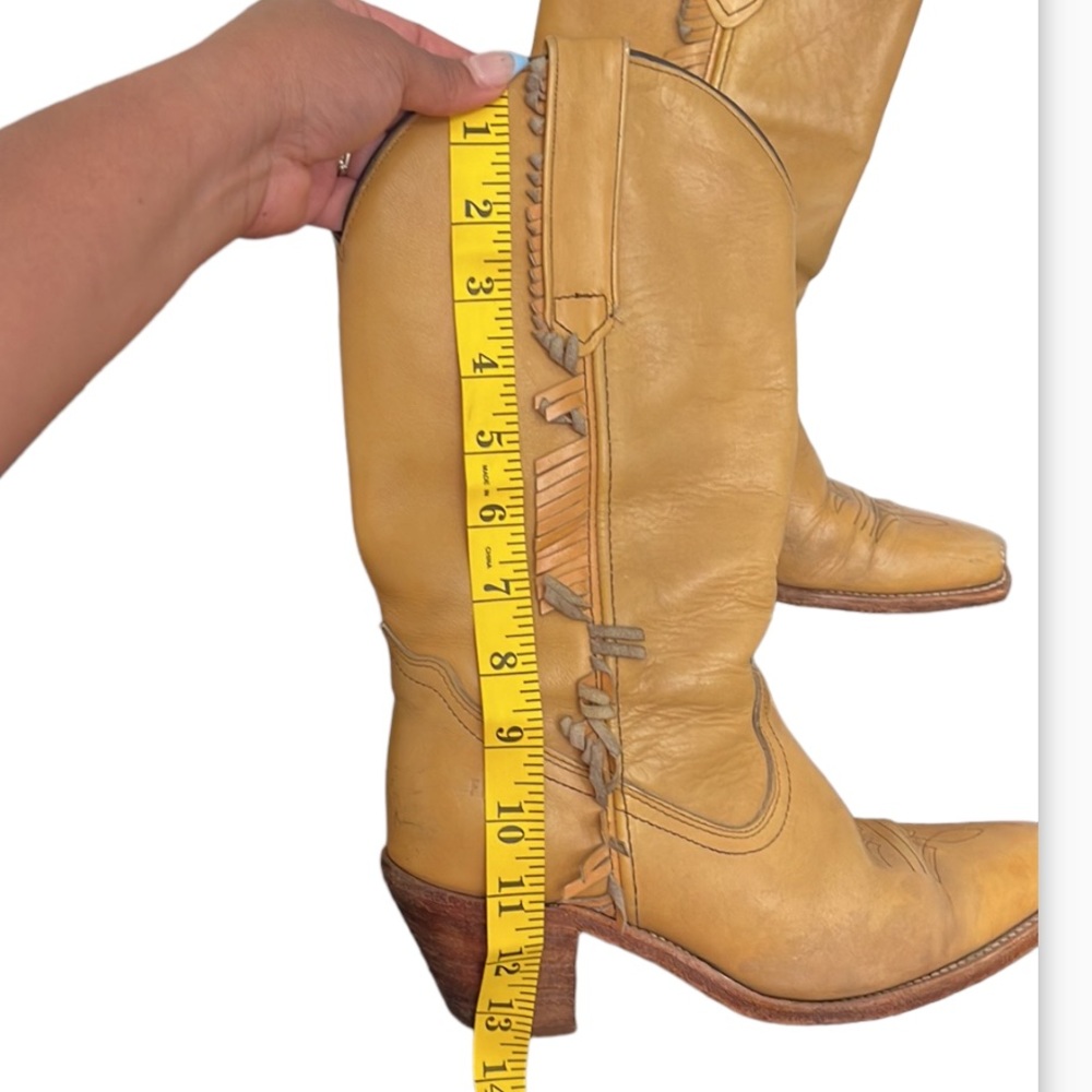 Frye Tan Leather Fringe Western Heeled Boots - Picture 6 of 10